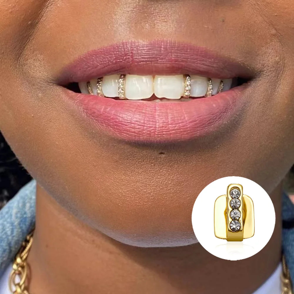 RACHELZ Fashion CZ Stone Vertical Bar Teeth Grillz Braces Hip Hop 4 Zircon Tooth Caps Dental Grills For Women Men Jewelry