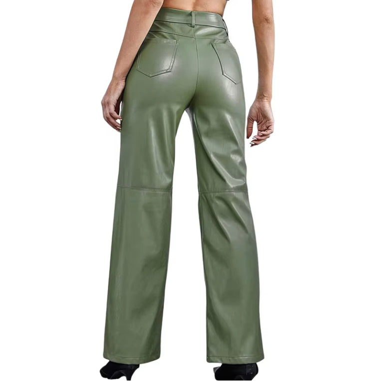 Women Leather Pants High Waist Straight Fall Trousers